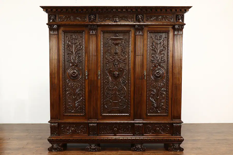 Main image of Italian Renaissance Antique Carved Walnut Armoire, Wardrobe or Closet