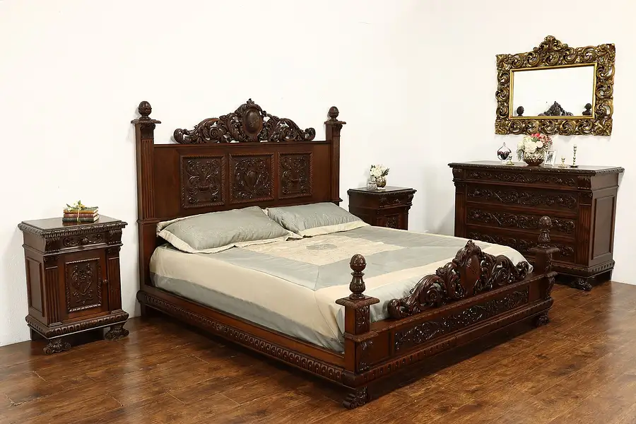 Main image of Renaissance Antique Carved Walnut 4 Pc Italian Bedroom Set, King Size Bed