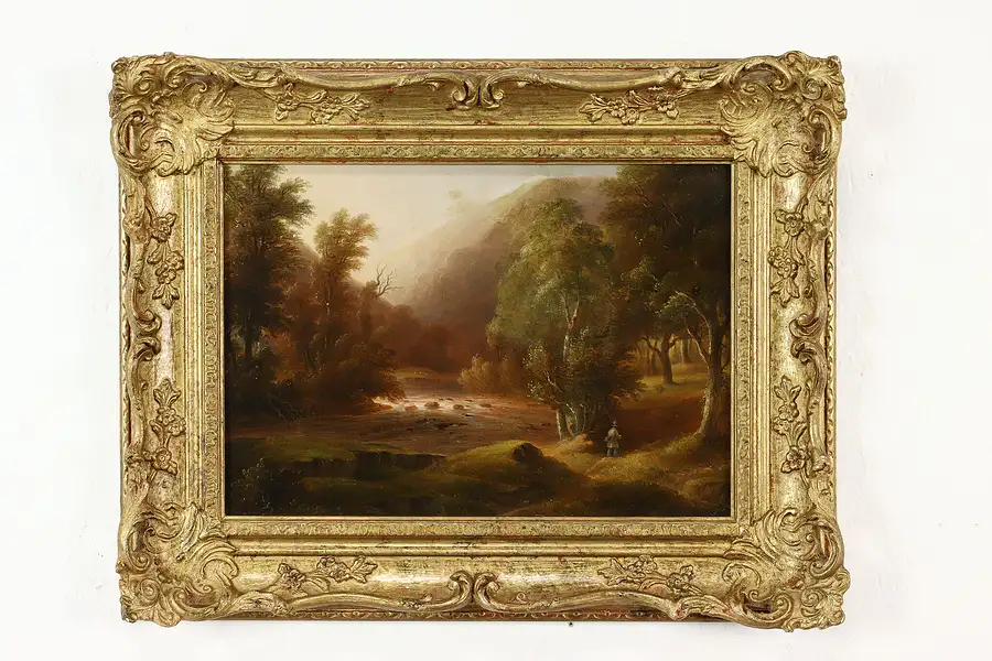 Main image of Fisherman & River Victorian Antique 1842 Original Oil Painting Tucker 19"