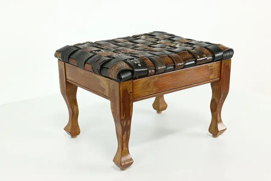 Main image of Walnut Vintage Footstool with Leather Belt Upholstery