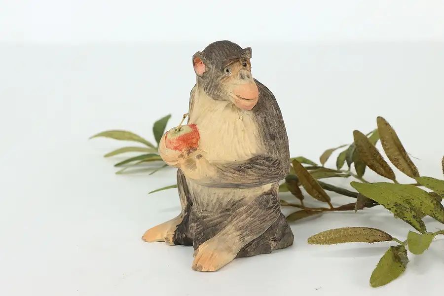 Main image of Swiss Hand Carved Vintage Monkey with Apple Sculpture