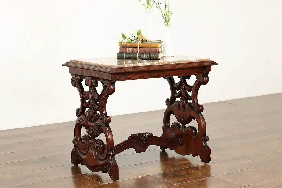 Main image of Italian Renaissance Carved Antique Coffee or Chairside Table, Marble Top