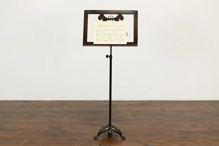 Main image of Victorian Antique Oak Adjustable Music Stand with Iron Base, K & B H