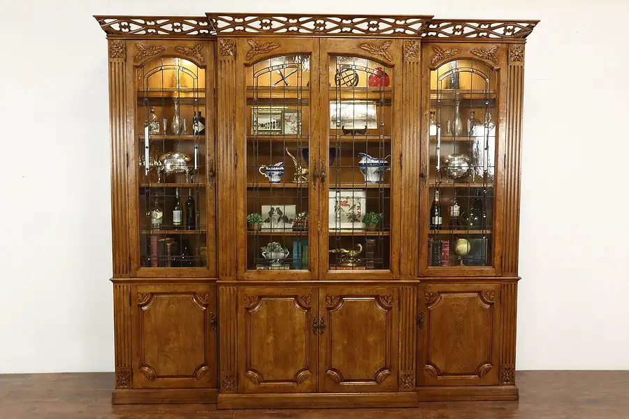 Main image of Monumental Designer Walnut Bookcase, Display Cabinet, Leaded Glass Doors