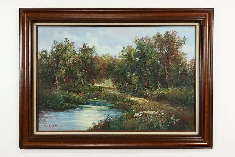 Main image of Forest Path, River & Bridge Vintage Original Oil Painting, Coft 44"