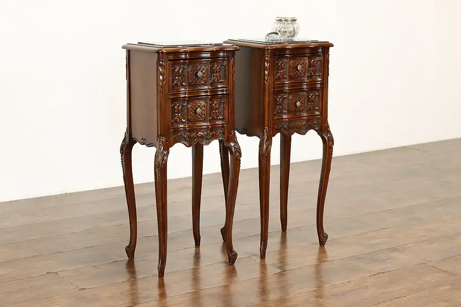 Main image of Pair of French Design Carved Walnut Nightstands, End Tables, Marble Tops