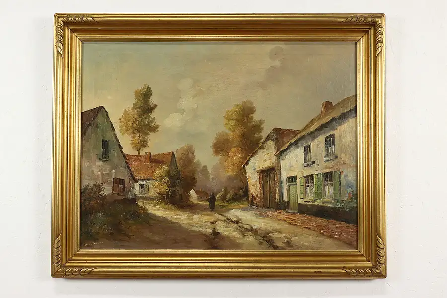 Main image of Village in Hungary Antique Original Oil Painting, Van Daum 36.5"