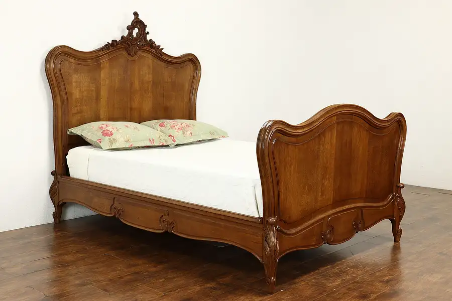 Main image of French Louis XV Antique Hand Carved Oak Full or Double Size Bed