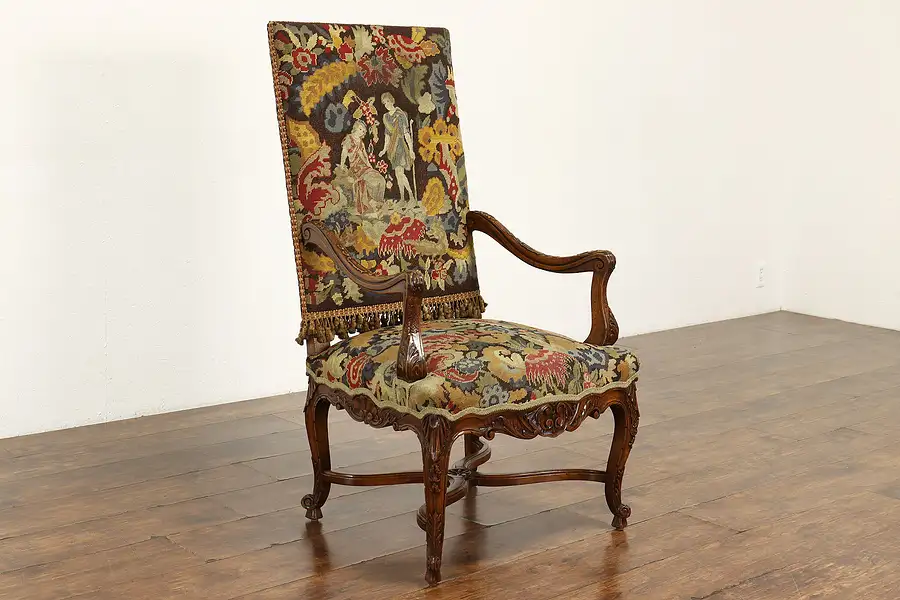 Main image of Italian Antique Throne or Hall Chair Worn Needlepoint, Petit Point Karpen