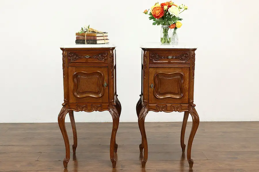 Main image of Pair of Oak Antique French Marble Top Nightstands, End or Lamp Tables