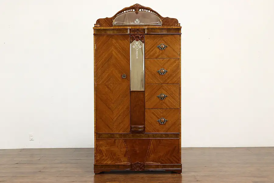 Main image of Art Deco Vintage Chifferobe, Armoire or Cedar Closet, Etched Mirrors