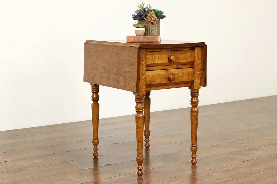 Main image of Farmhouse Antique Curly Birdseye Maple Dropleaf Pembroke Table Nightstand