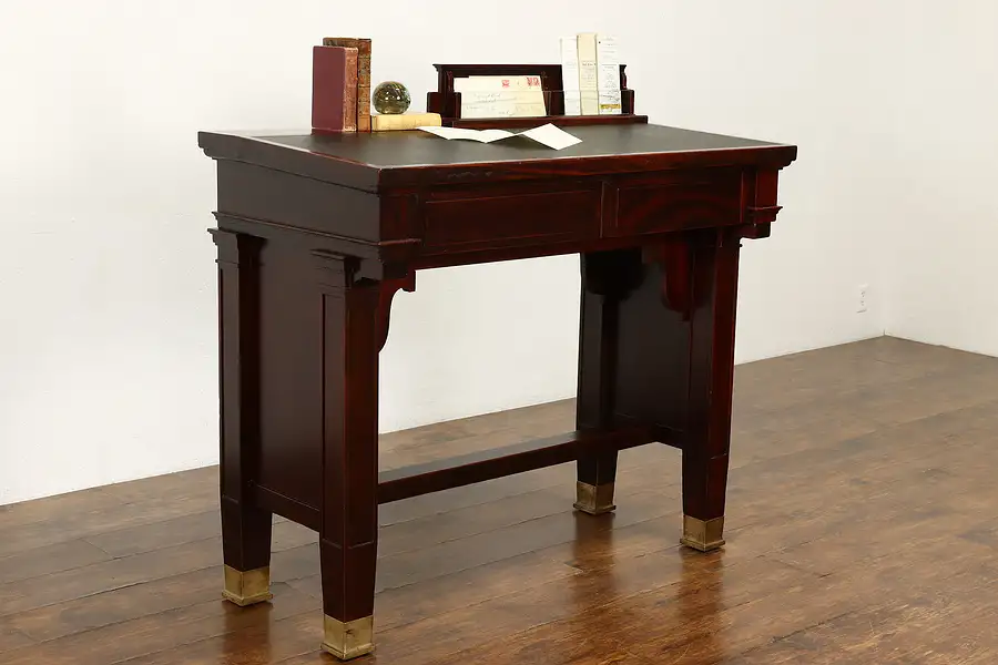 Main image of Mahogany Antique Stand Up Banker or Artist Desk, Leather Top, Bronze Feet