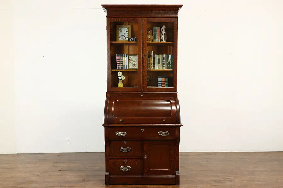 Main image of Victorian Eastlake Antique Oak Cylinder Roll Top Secretary Desk, Bookcase