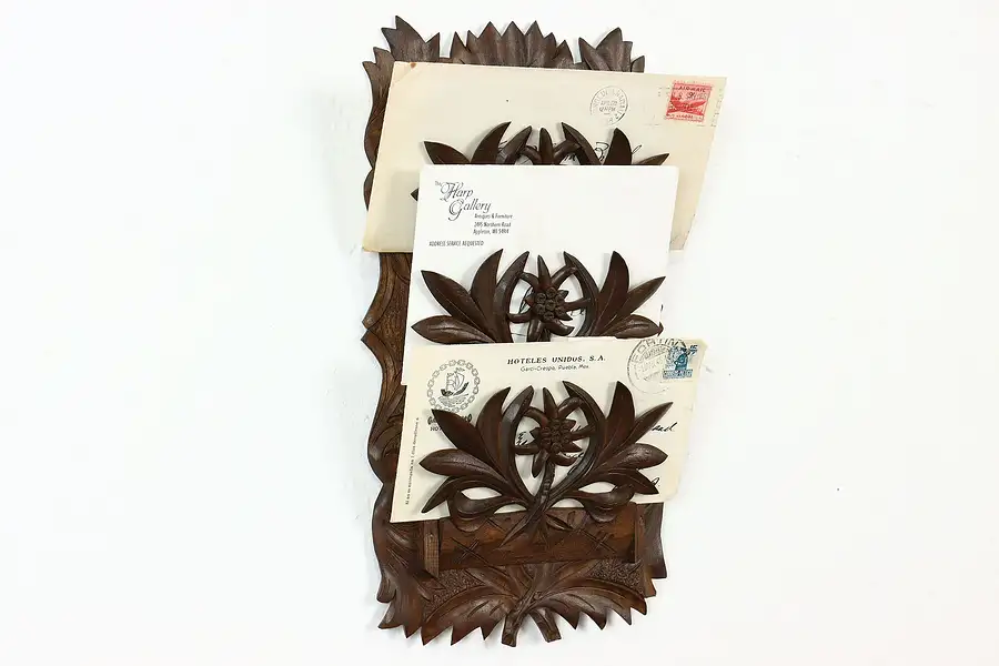 Main image of Black Forest Carved Antique Flower & Leaf Wall Pocket Letter Rack