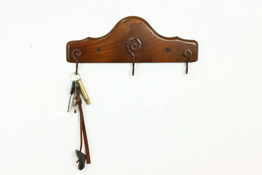 Main image of Oak Antique Wall Key Hanger, Hammered Copper Hooks