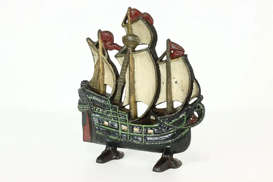 Main image of Victorian Antique Iron Sailing Ship Sculpture Door Stop, Original Paint