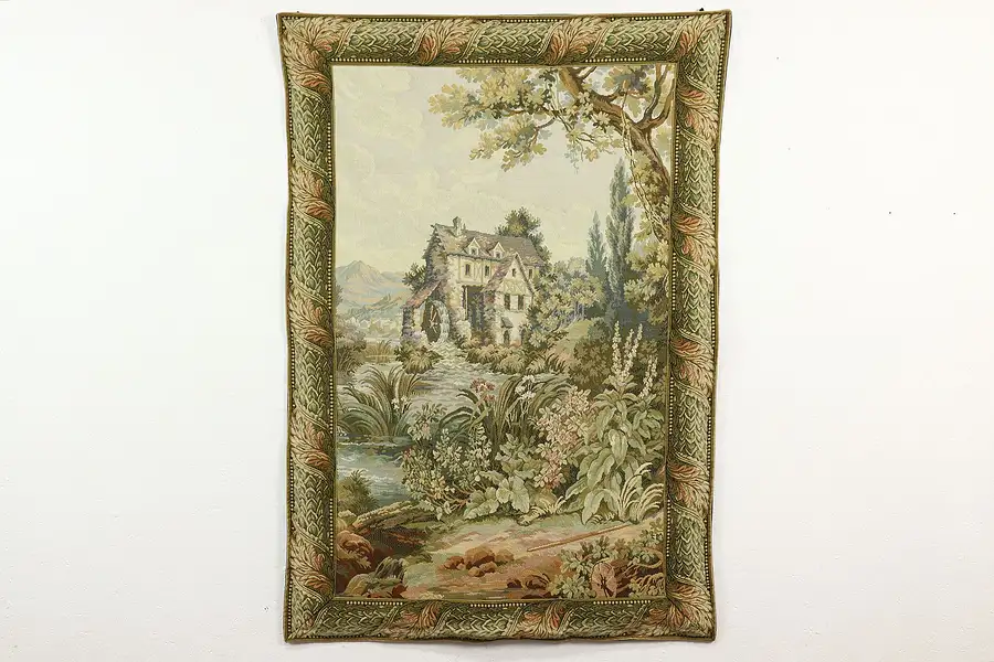 Main image of Water Mill & River Scene Large Vintage Hanging Tapestry