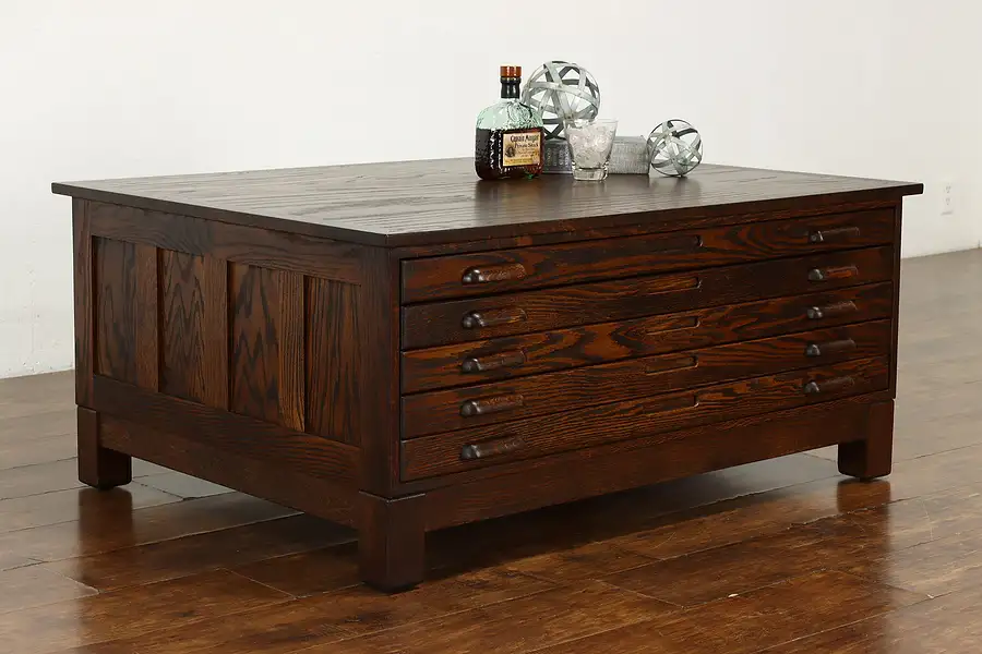 Main image of Industrial Vintage Oak 5 Drawer Map File or Collector Chest Coffee Table