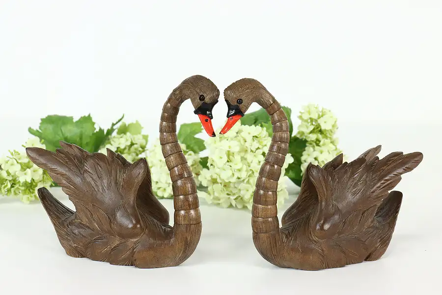 Main image of Pair of Swiss Alpine Carved Swan Sculptures, Adjustable Necks