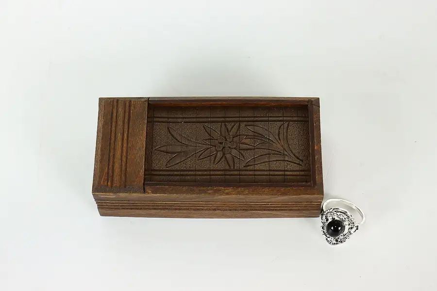 Main image of Swiss Vintage Miniature Puzzle Box, Hand Carved Flowers & Roll Top