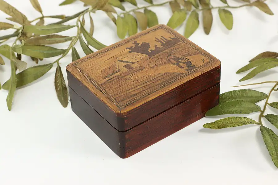 Main image of Folk Art Antique Marquetry Jewelry or Keepsake Box