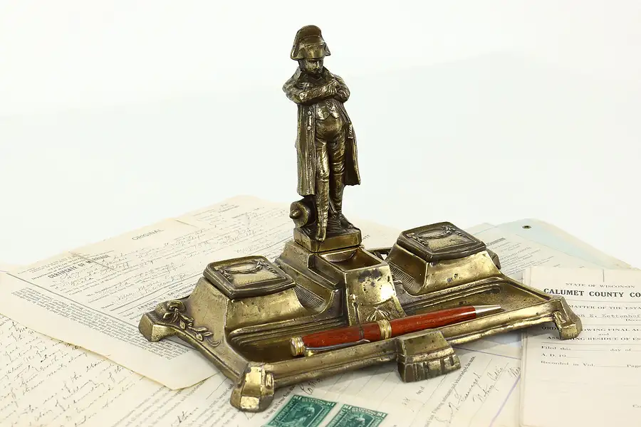 Main image of Napoleon Statue French Antique Desktop Double Inkwell & Penholder