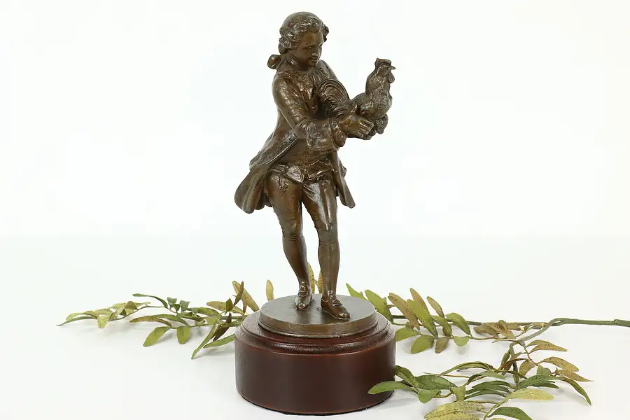 Main image of Colonial Gentleman & Rooster Antique Sculpture, Mahogany Base