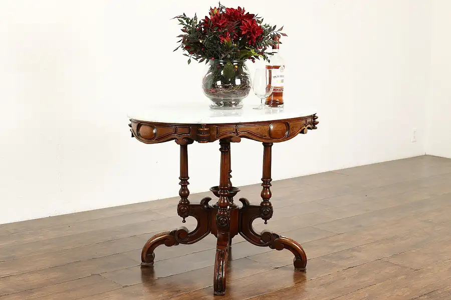 Main image of Victorian Antique Carved Walnut Oval Marble Top Parlor or Entryway Table