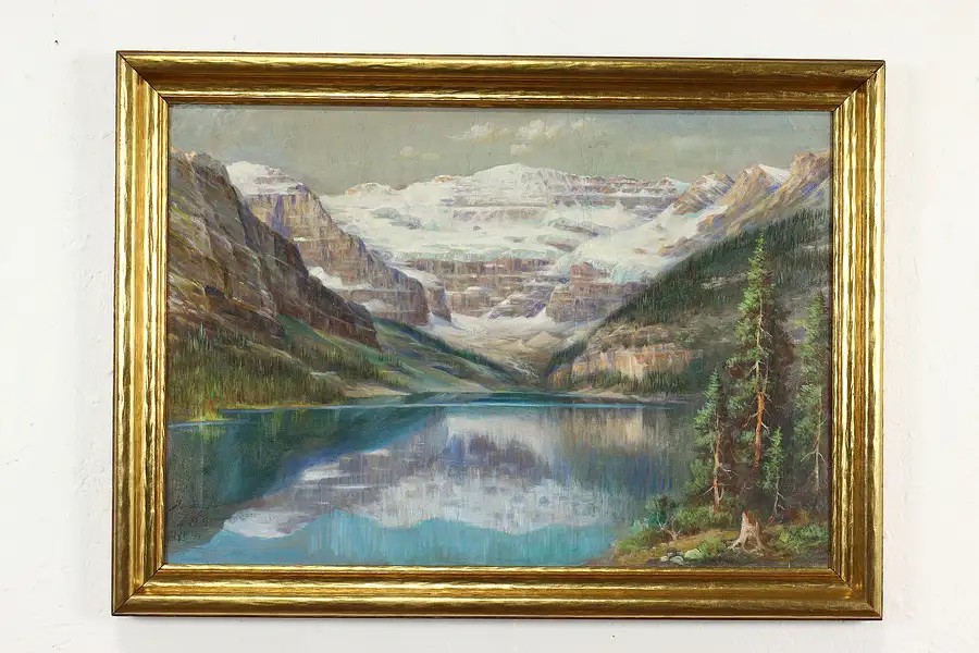 Main image of Mountain Valley & Lake Landscape Original Vintage Oil Painting, Roth 30"