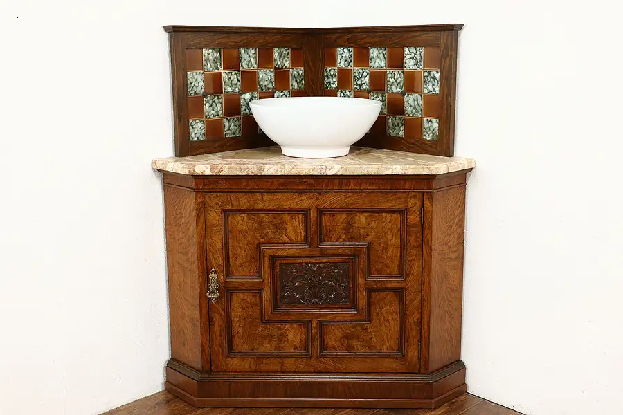 Main image of Victorian Antique English Corner Cabinet, Vessel Sink Vanity, Marble Top