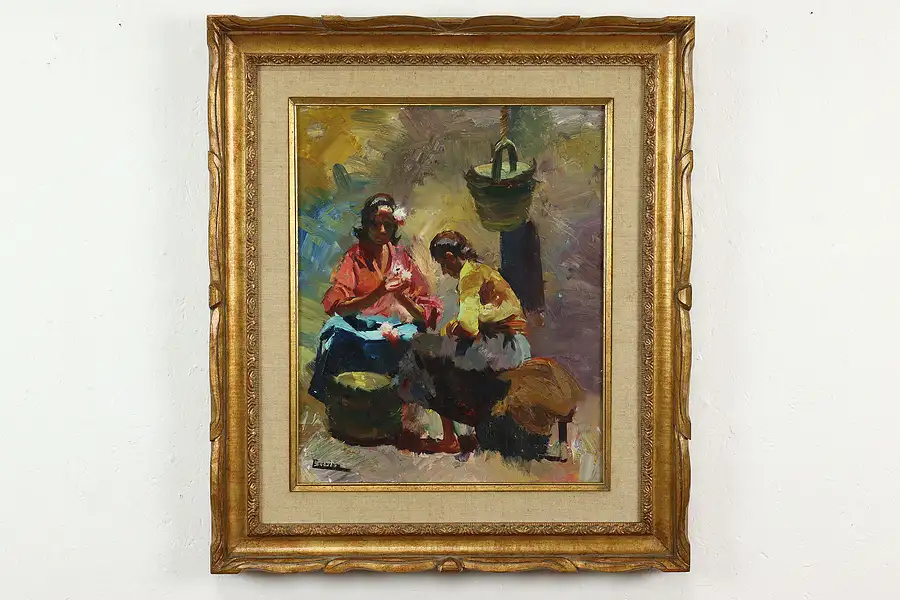 Main image of Women at Work Vintage South American Original Oil Painting, Escriba 31"