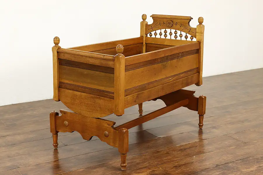 Main image of Victorian Eastlake Antique Carved Birch Baby Cradle, Crib or Bed