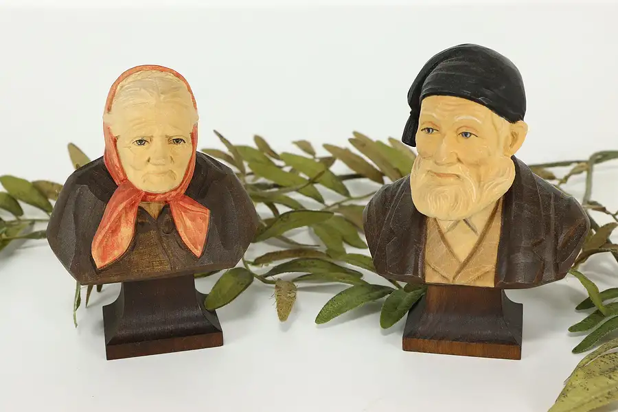 Main image of Pair of German Vintage Hand Carved Grandparent Head Busts, Sculptures