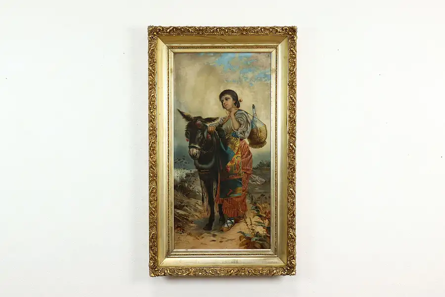 Main image of Spanish Woman & Donkey Antique Original Oil Painting 44.5"