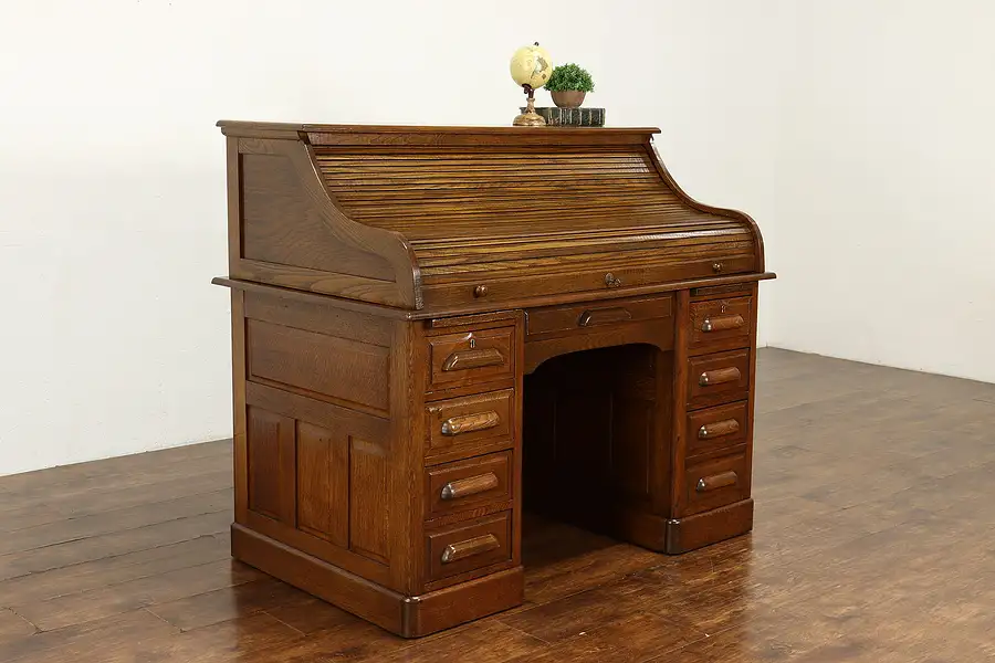 Main image of Traditional Antique Oak Roll Top Office or Library Desk, Pull Out Shelves