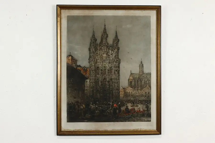 Main image of French Cathedral & Village Antique Etching Print, Fonce 29"