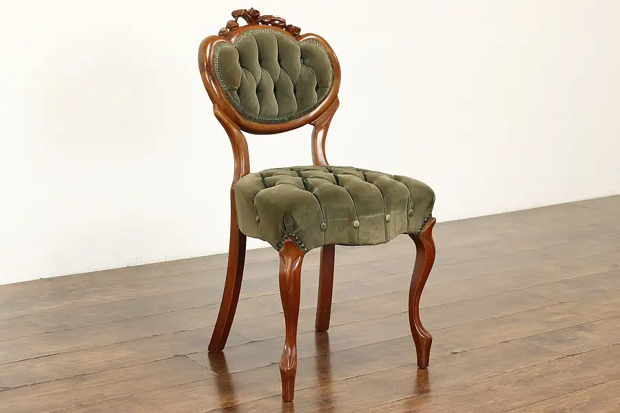 Main image of Victorian Design Vintage Carved Walnut Side Chair, Tufted Velvet