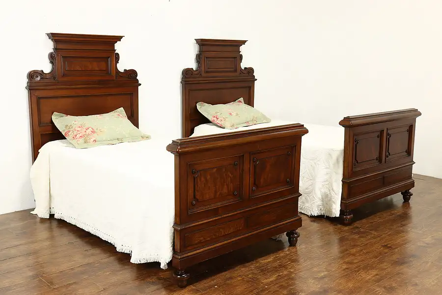 Main image of Pair of Antique Italian Renaissance Carved Walnut Twin or Single Beds