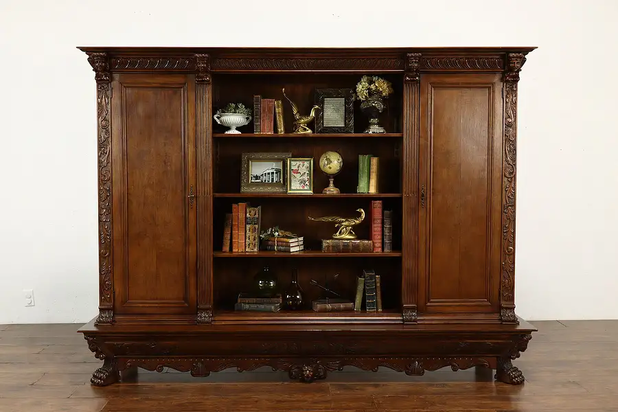 Main image of Renaissance Vintage Mahogany Office or Library Bookcase, Carved Figures