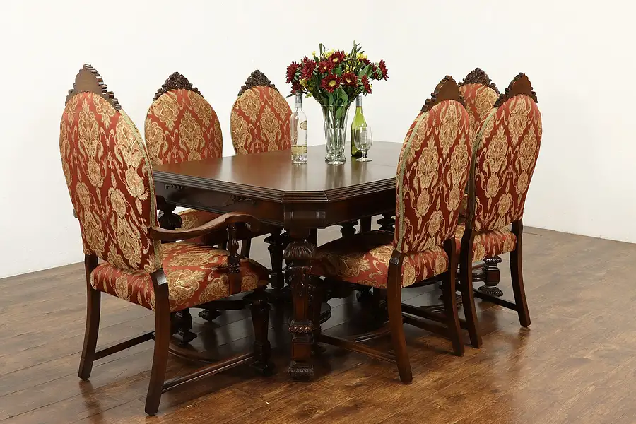 Main image of Tudor Vintage Carved Dining Set, Table w/ 3 Leaves & 6 Chairs, Rockford