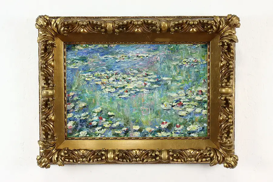 Main image of Water Lilies Floating in Pond Vintage Original Oil Painting Newhall 24.5"