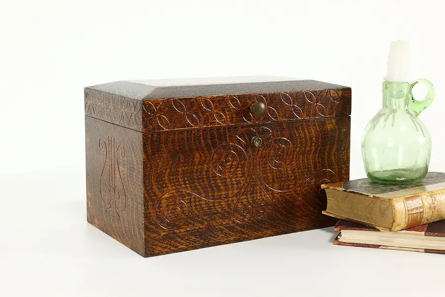 Main image of Folk Art Vintage Oak Jewelry or Keepsake Box, Lyre Motifs