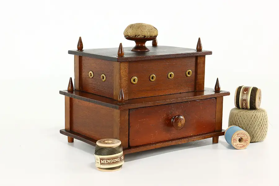 Main image of Victorian Antique Walnut Sewing Caddy, Jewelry Drawer & Pin Cushion