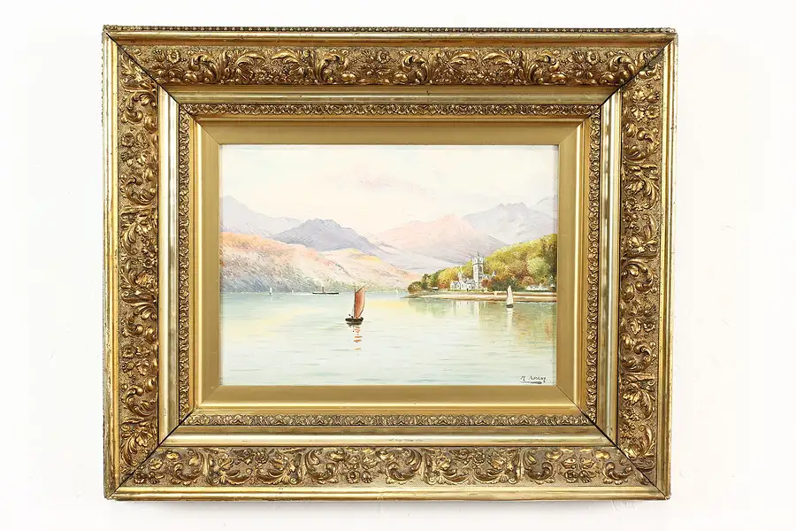 Main image of Scottish Loch & Sailboat Antique Original Oil Painting, Adam 22.5"