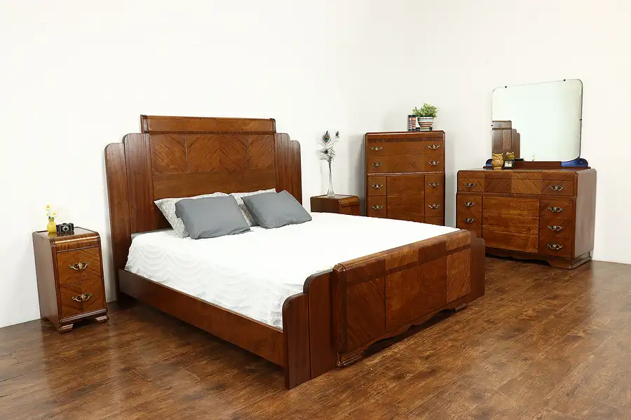 Main image of Art Deco Waterfall Design Vintage 5 Pc. Bedroom Set, King Size Bed