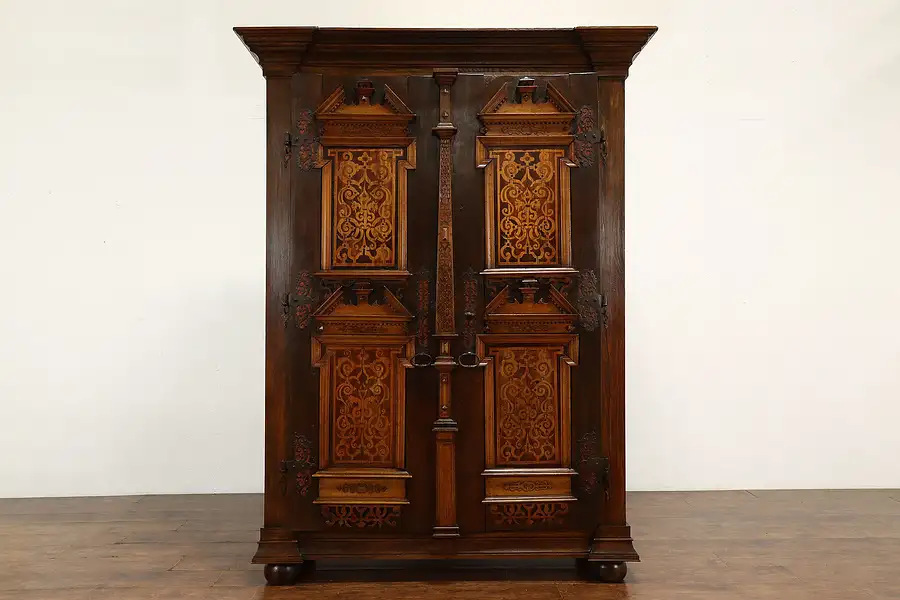 Main image of German Baroque Antique 1670s Oak & Birch Marquetry Schrank Armoire