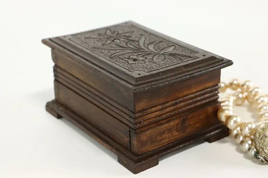 Main image of Swiss Vintage Carved Walnut Puzzle Box, Floral Motifs