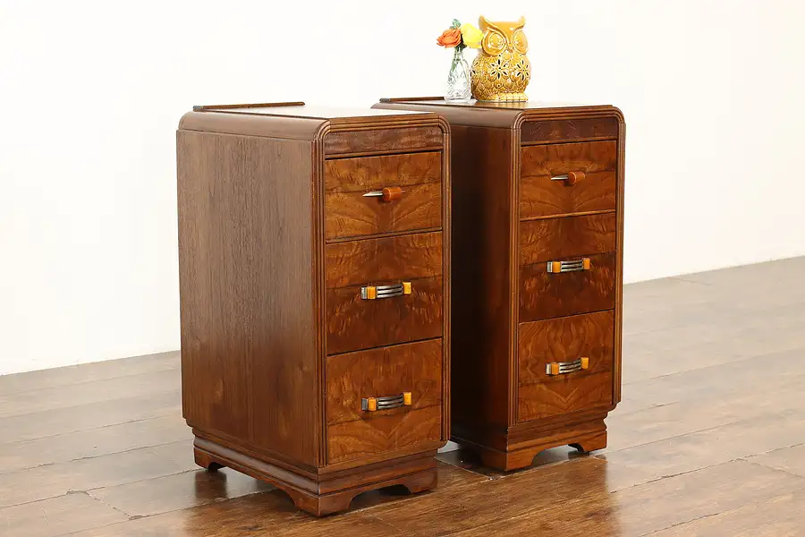 Main image of Pair of Art Deco Vintage Walnut Nightstands End Tables, Bakelite Pulls