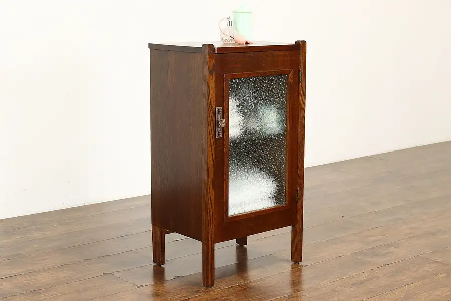 Main image of Arts & Crafts Mission Oak Chairside Bar or Bath Cabinet, Textured Glass